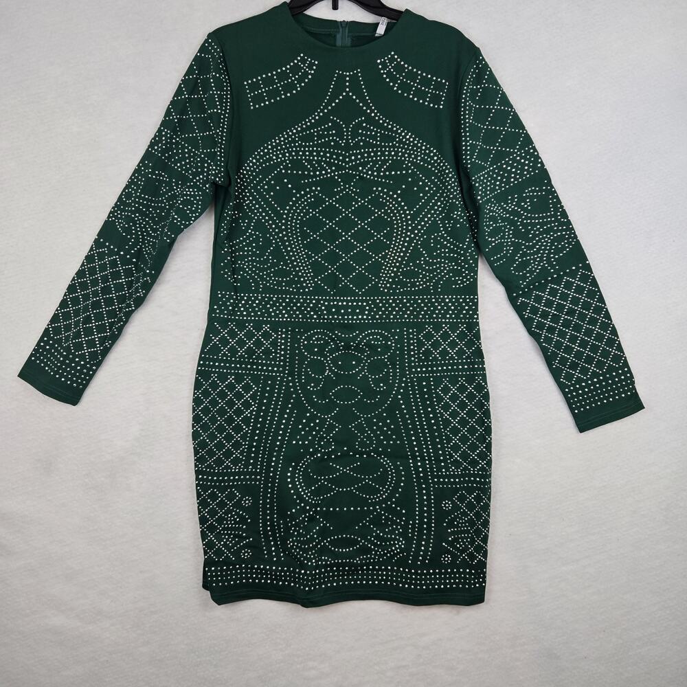 Meaveor Women's Dress XL Green Studded Long Sleeve Bodycon Zip NWT